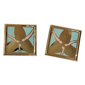 Vintage 80s Statement Earrings Large Gold Tone Metal Enamel Square Signed L Bott